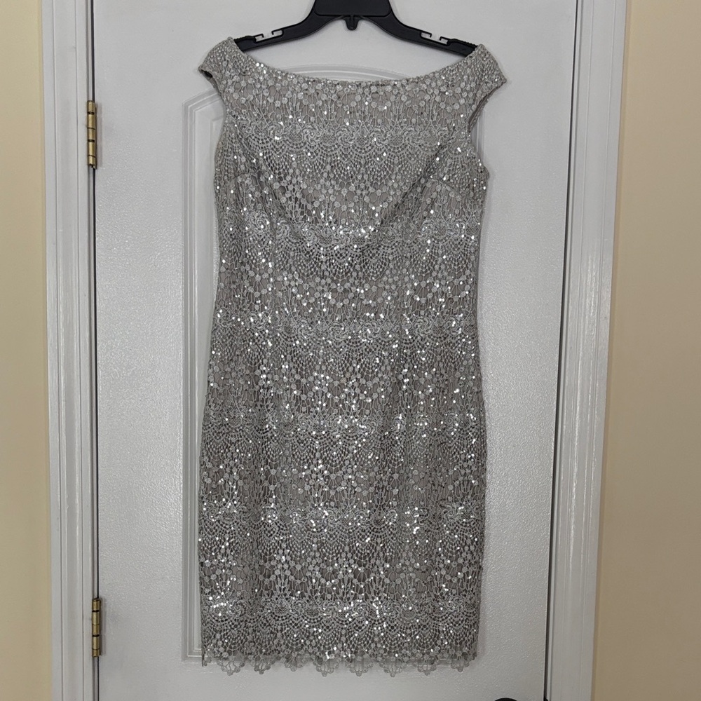 Kay Unger Silver Sequin Lace Dress